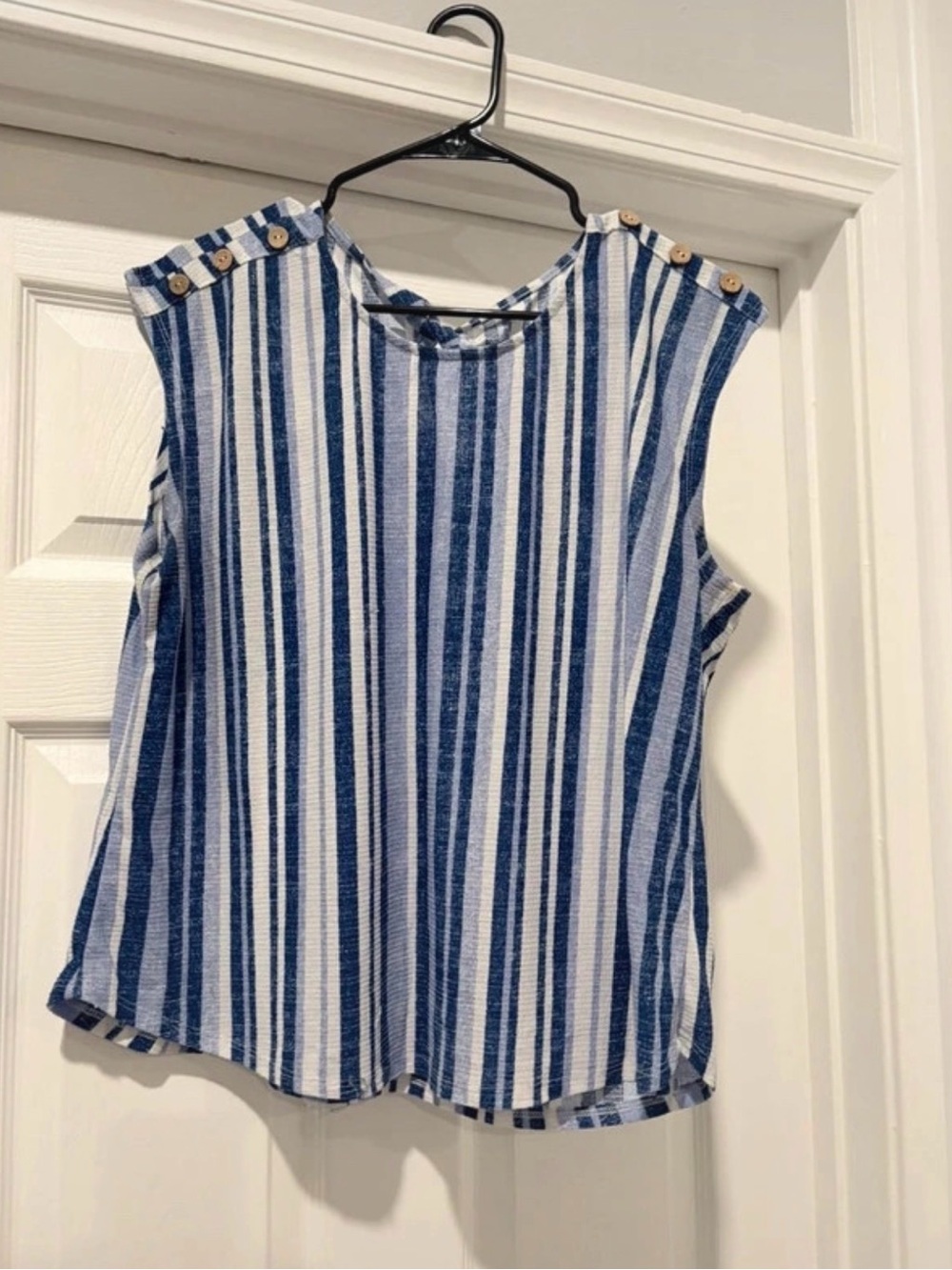 Striped Blue and White Sleeveless Button-Shoulder Tank